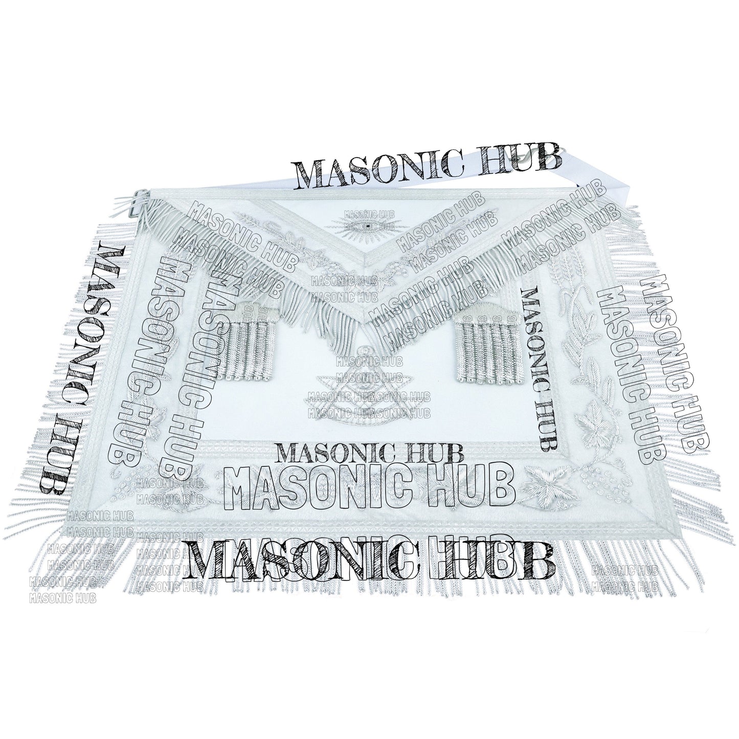 White Lambskin Masonic Past Master Apron Grapes & Veil Edge + Chain Collar Jewel
