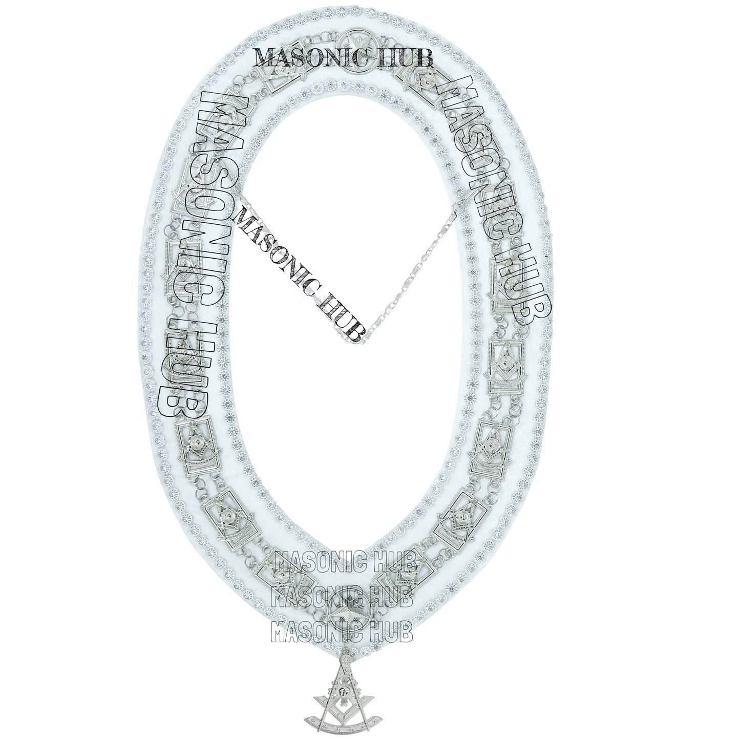 Masonic Past Master Metal Chain Collar White Backing With Rhinestones + Free Jewe