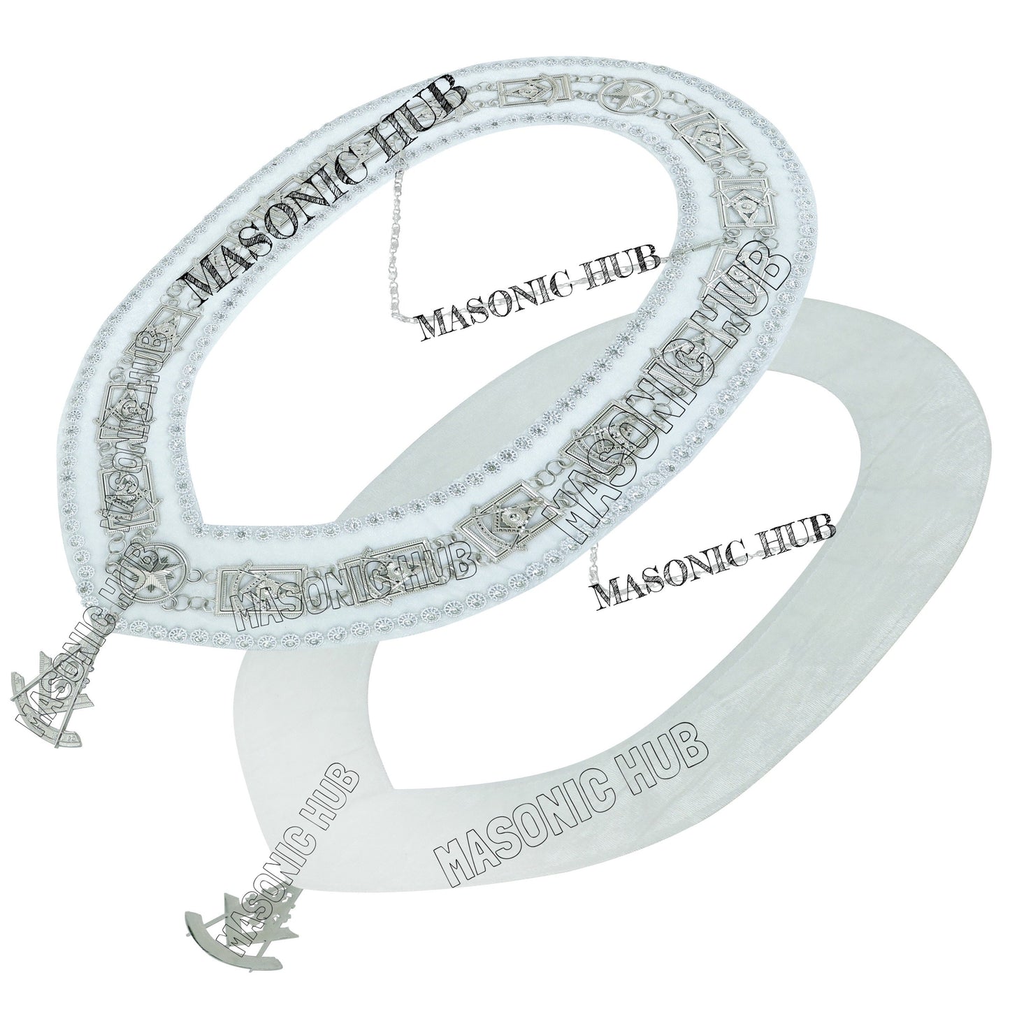 White Lambskin Masonic Past Master Apron Grapes & Veil Edge + Chain Collar Jewel