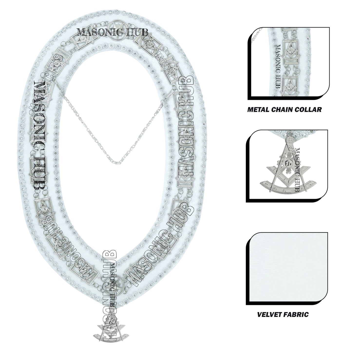 Masonic Past Master Metal Chain Collar White Backing With Rhinestones + Free Jewe