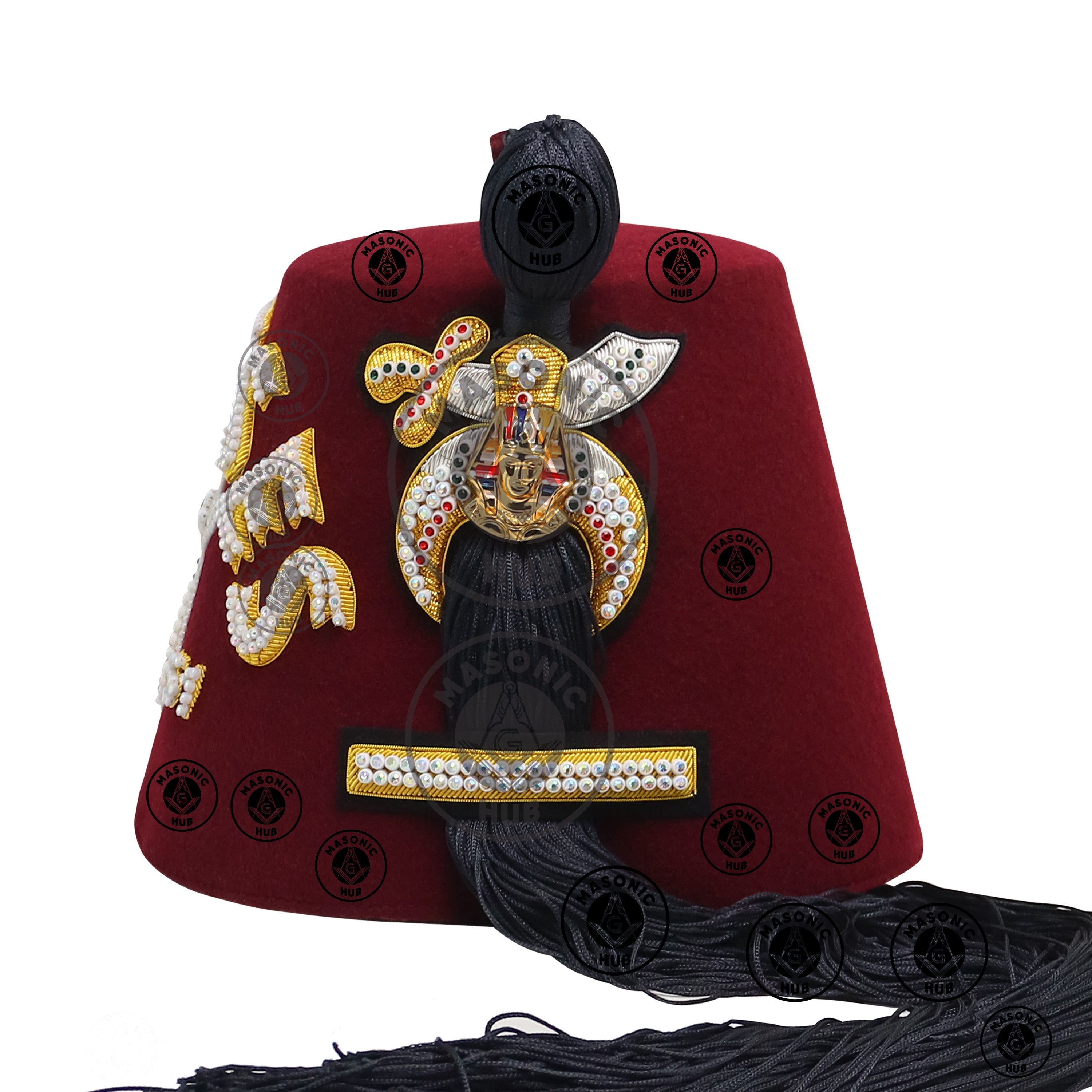 Custom Shriner Fez Hat with Rhinestone Embroidery, Bullion Underlay - Handcrafted Masonic Regalia, Freemason Fez in All Colors & Sizes Masonic Hub