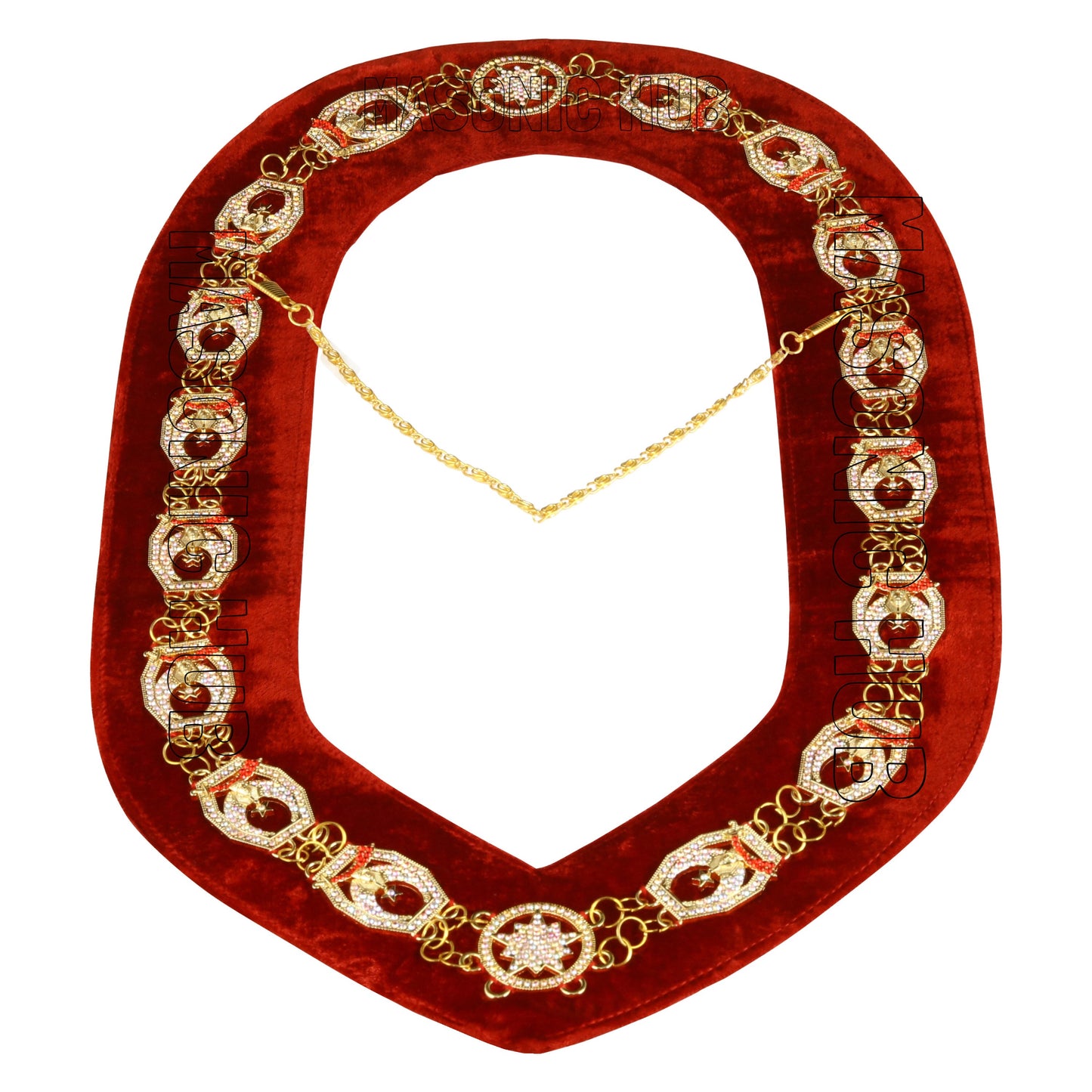 Masonic Regalia Rhinestones Jewels Shriner Chain Collar With Red Backing