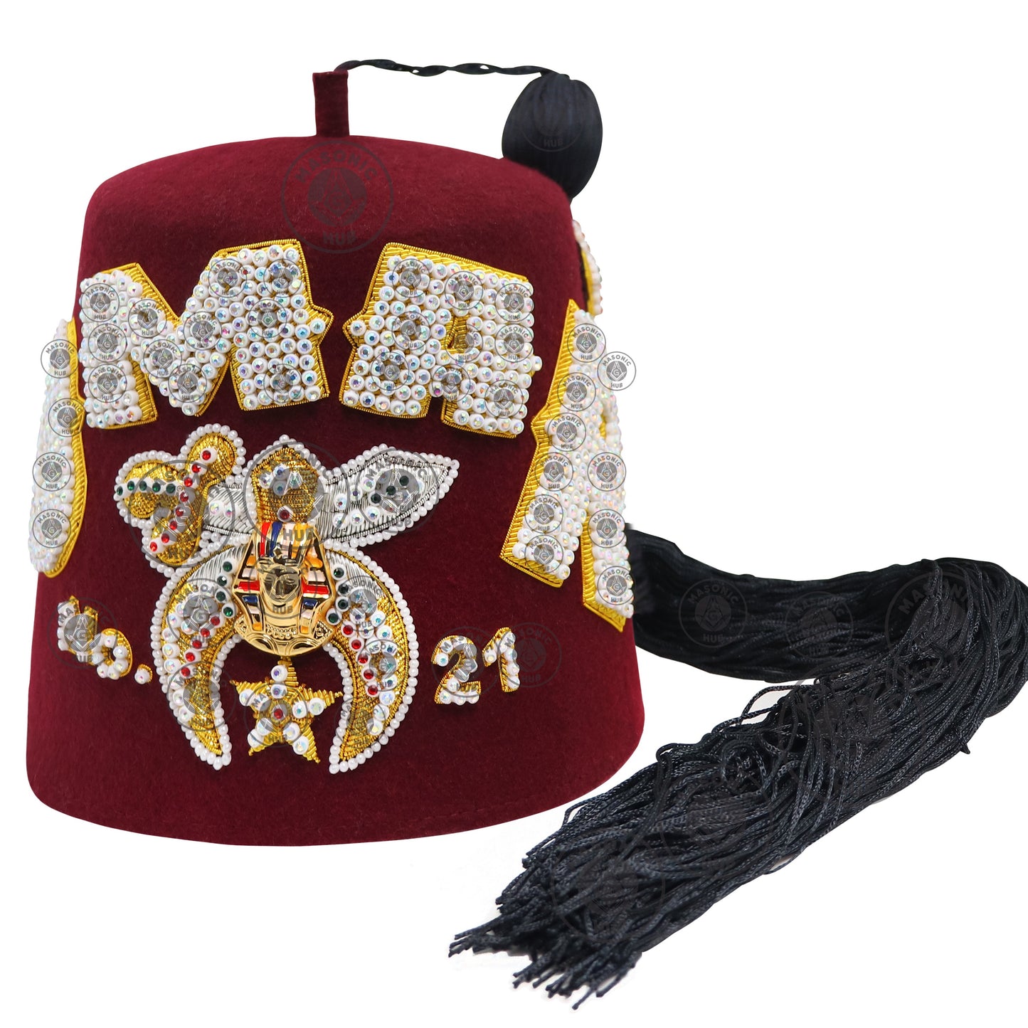Custom Shriner Fez Hat with Rhinestone Embroidery, Bullion Underlay - Handcrafted Masonic Regalia, Freemason Fez in All Colors & Sizes