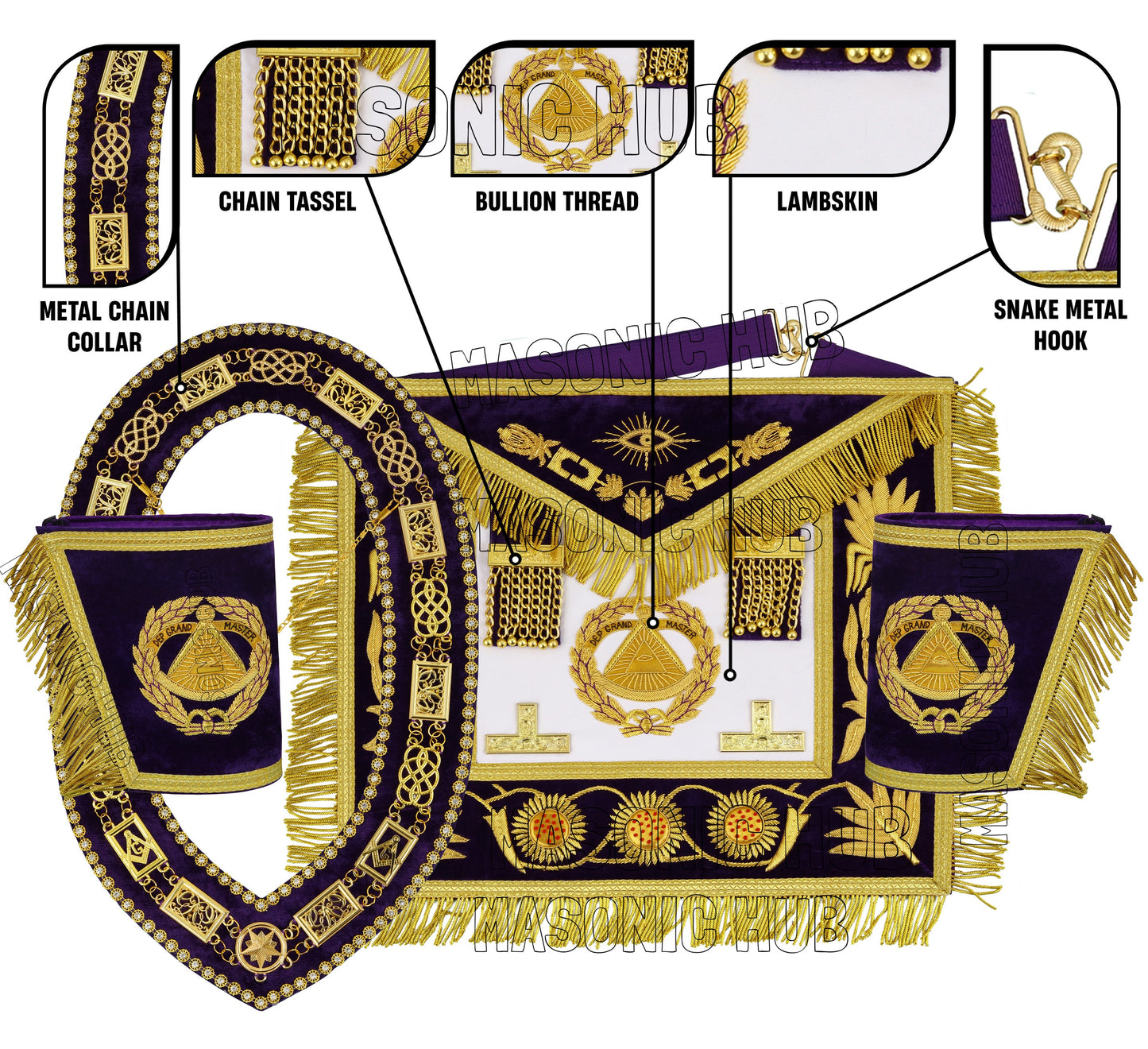 Masonic Regalia Deputy Grand Master 100% Lambskin Apron with Chain Collar & Cuffs