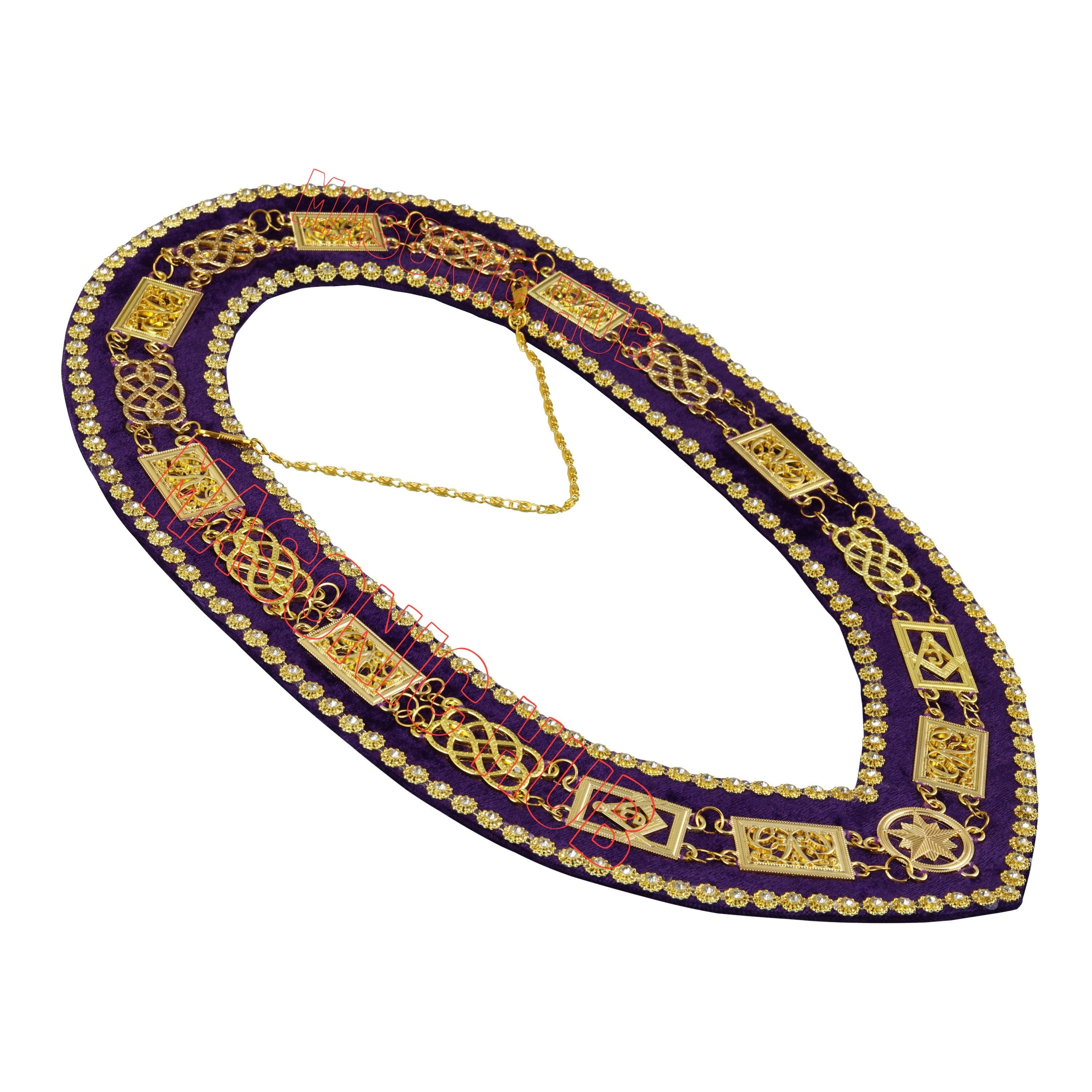 Masonic Grand Lodge Rhinestone Chain Collar – Gold Plated with Purple Velvet Backing Masonic Hub
