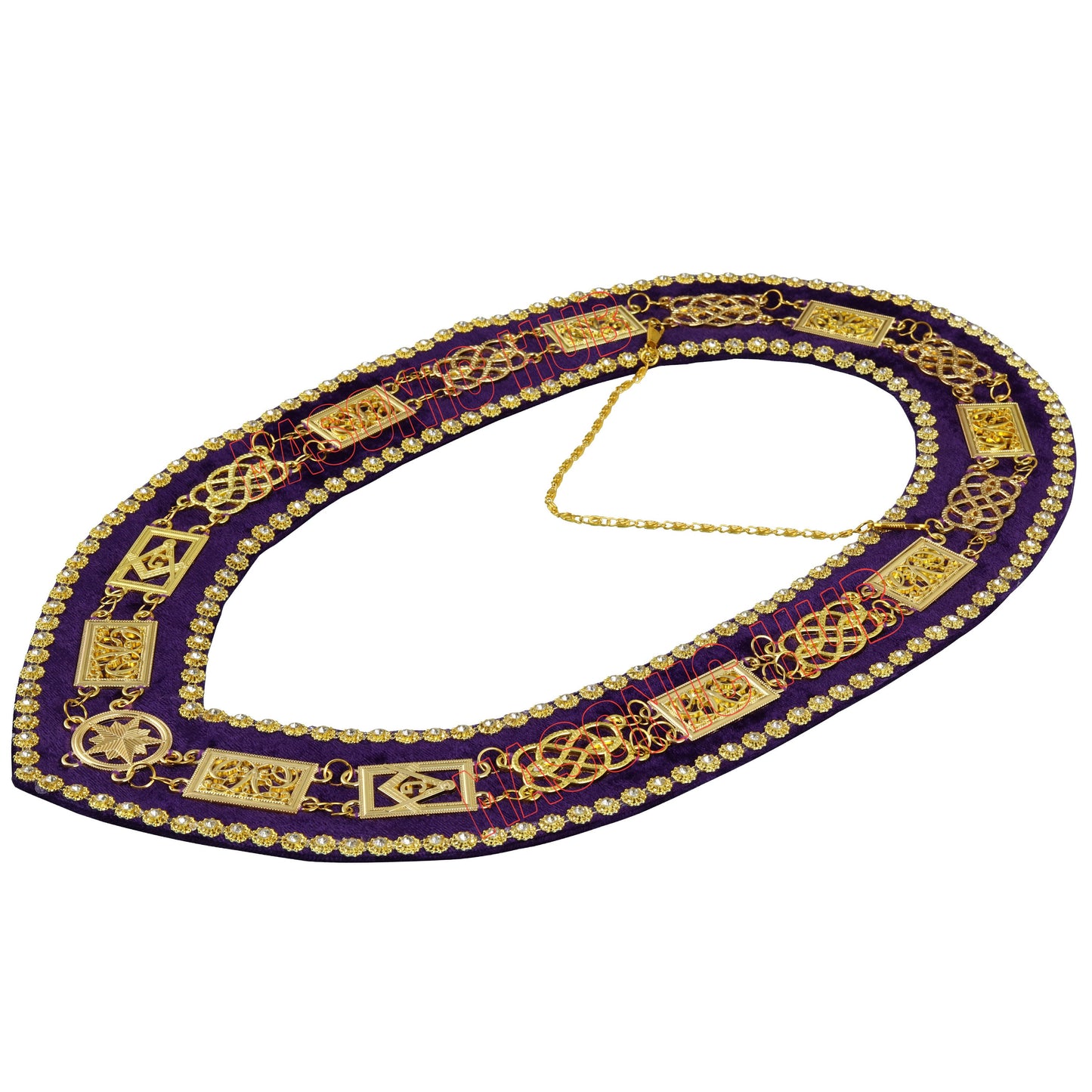 Masonic Grand Lodge Rhinestone Chain Collar – Gold Plated with Purple Velvet Backing
