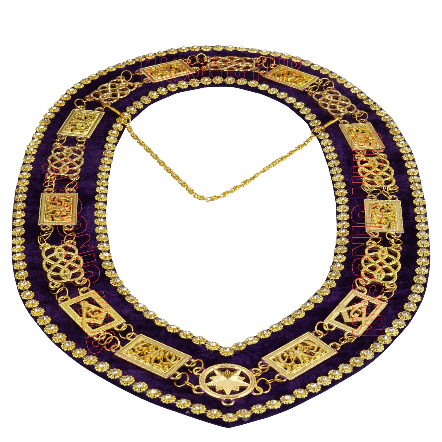 Masonic Grand Lodge Rhinestone Chain Collar – Gold Plated with Purple Velvet Backing