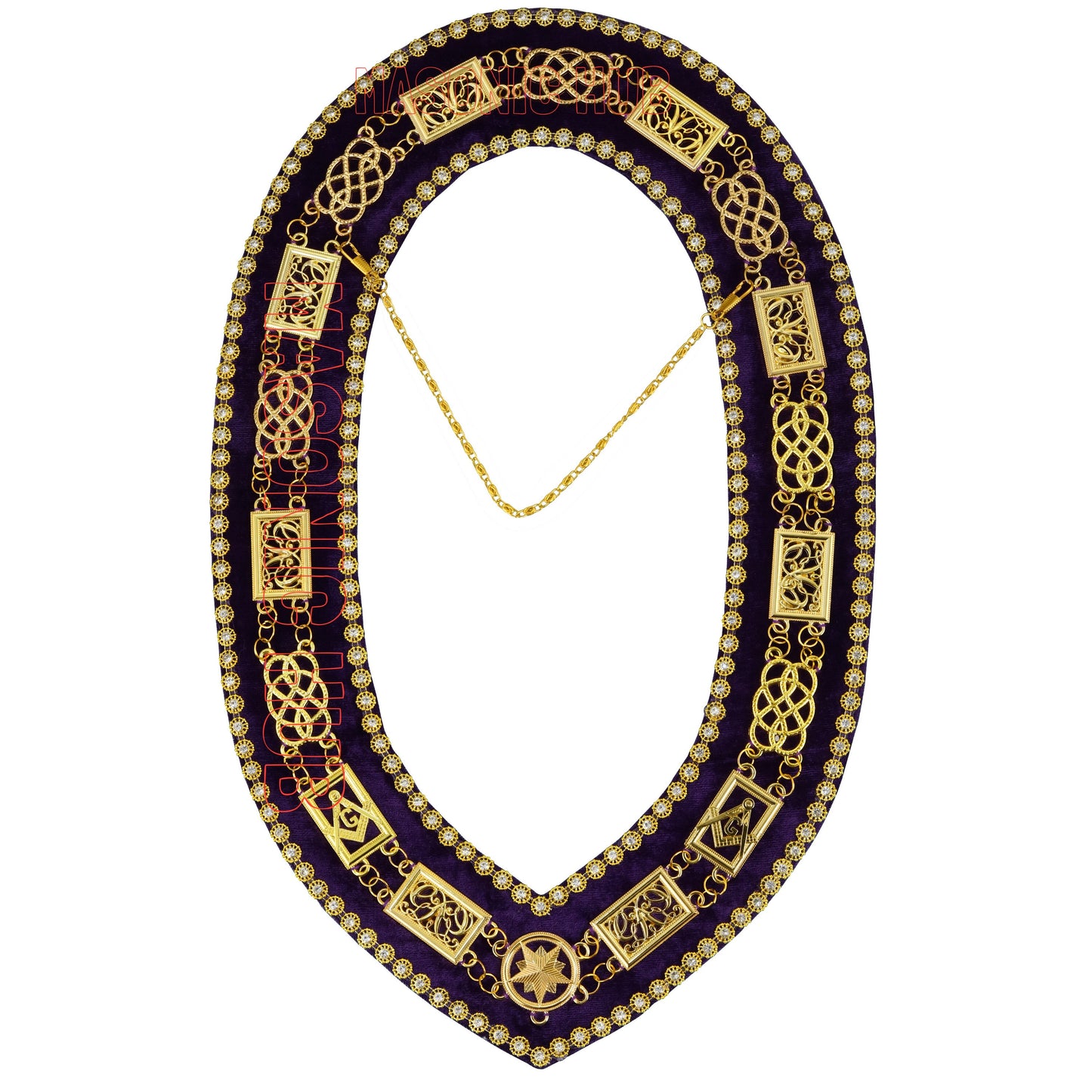 Masonic Grand Lodge Rhinestone Chain Collar – Gold Plated with Purple Velvet Backing