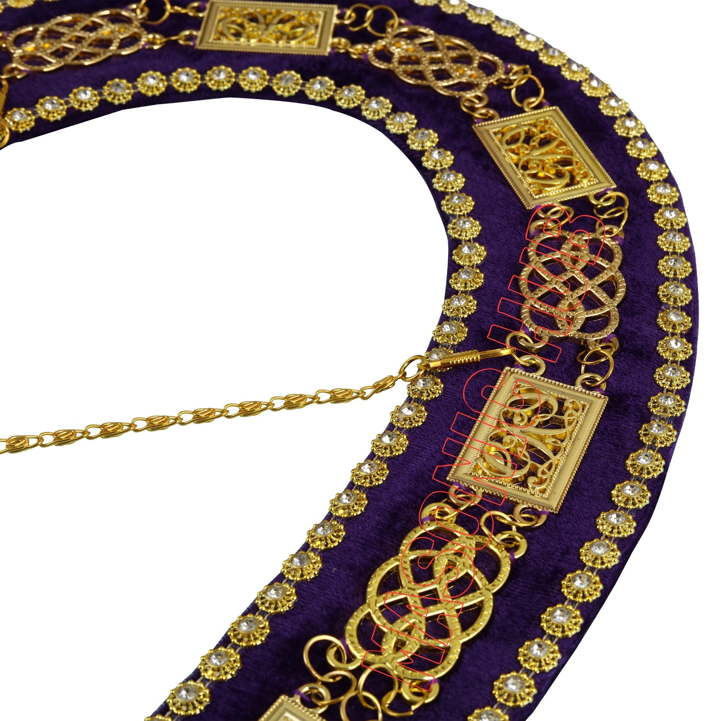 Masonic Grand Lodge Rhinestone Chain Collar – Gold Plated with Purple Velvet Backing