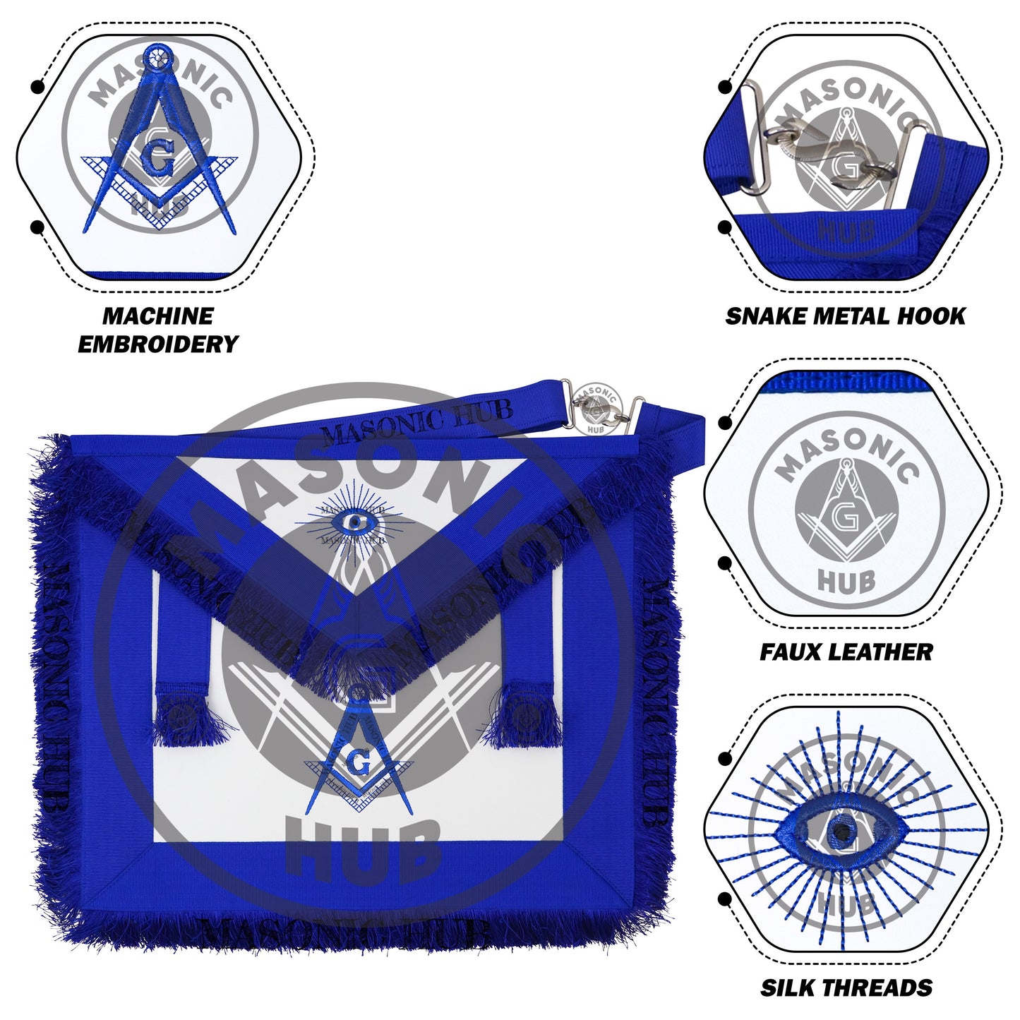 Masonic Master Mason Blue Lodge Apron – Machine Embroidered Square Compass G Blue Fringes On Premium Faux Leather