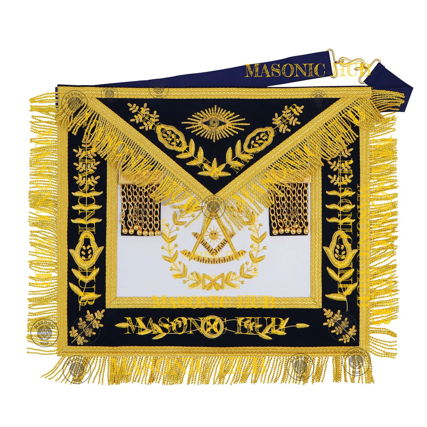 Past Master Masonic Apron – Lambskin with Gold Bullion Embroidery – Navy Blue Velvet & Mylar Fringe – Handmade Freemason Regalia