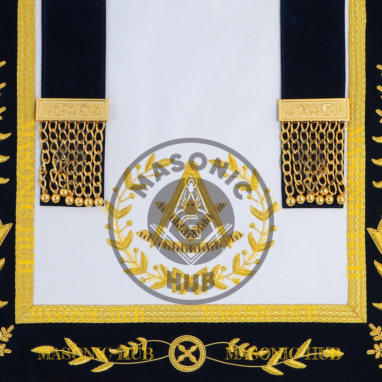 Past Master Masonic Apron – Lambskin with Gold Bullion Embroidery – Navy Blue Velvet & Mylar Fringe – Handmade Freemason Regalia