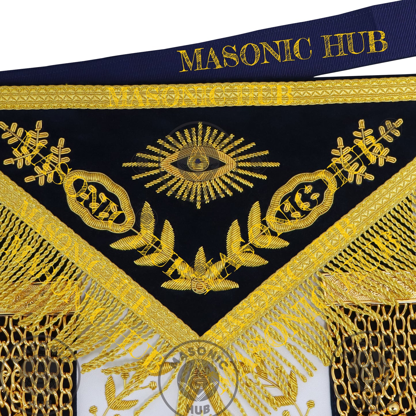 Past Master Masonic Apron – Lambskin with Gold Bullion Embroidery – Navy Blue Velvet & Mylar Fringe – Handmade Freemason Regalia