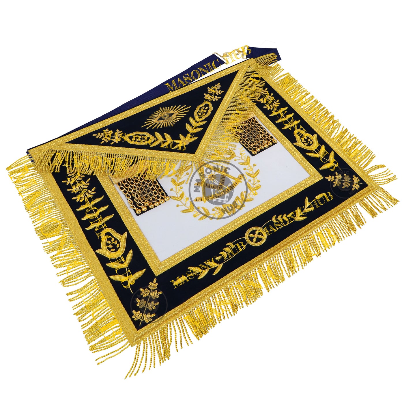 Past Master Masonic Apron – Lambskin with Gold Bullion Embroidery – Navy Blue Velvet & Mylar Fringe – Handmade Freemason Regalia