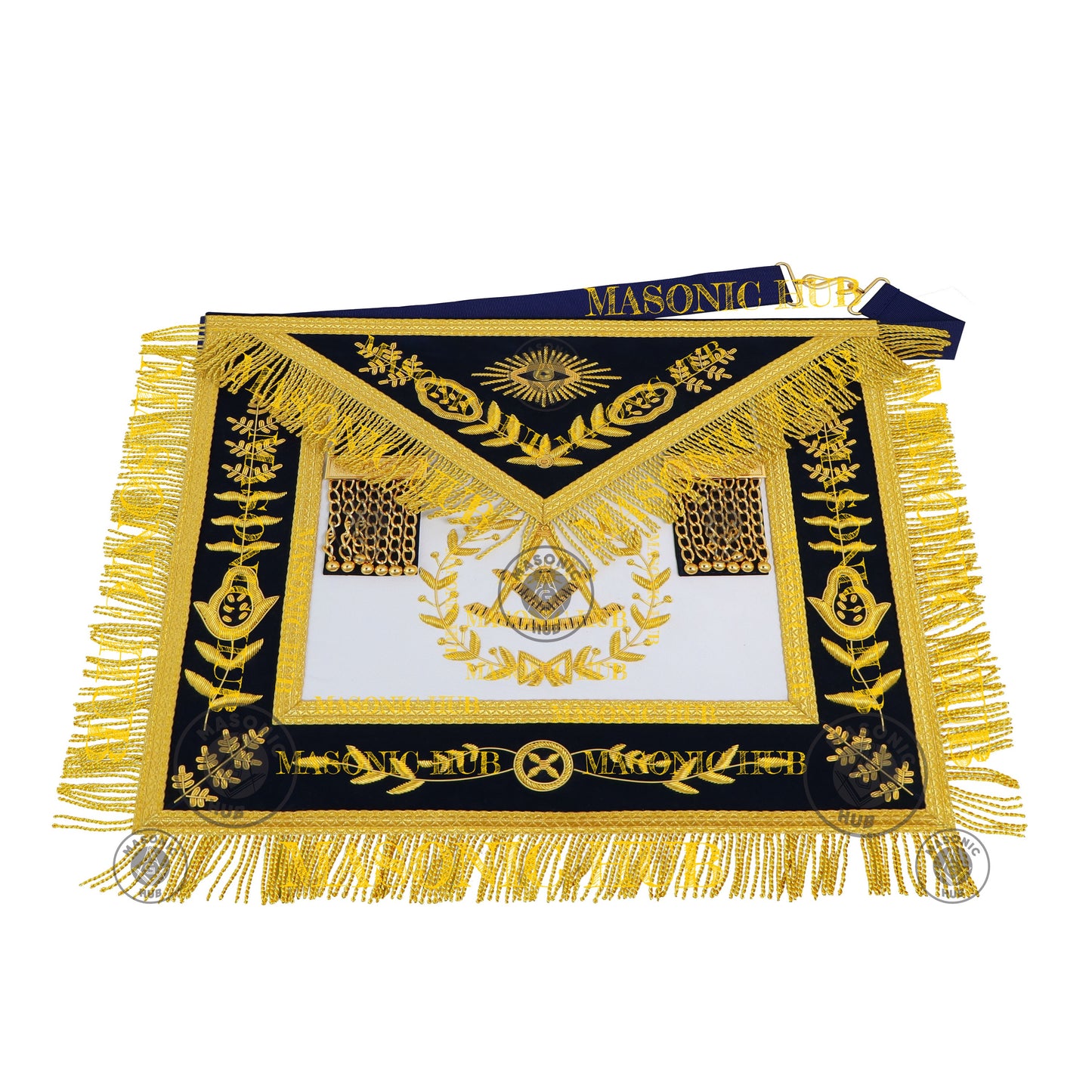 Past Master Masonic Apron – Lambskin with Gold Bullion Embroidery – Navy Blue Velvet & Mylar Fringe – Handmade Freemason Regalia