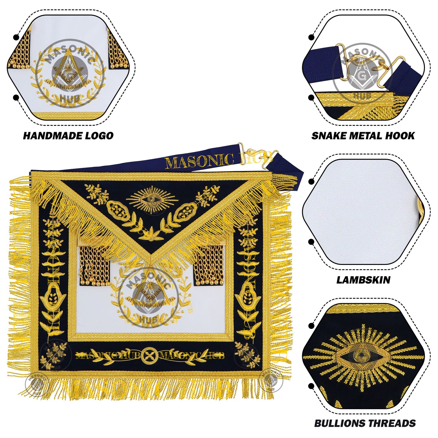 Past Master Masonic Apron – Lambskin with Gold Bullion Embroidery – Navy Blue Velvet & Mylar Fringe – Handmade Freemason Regalia