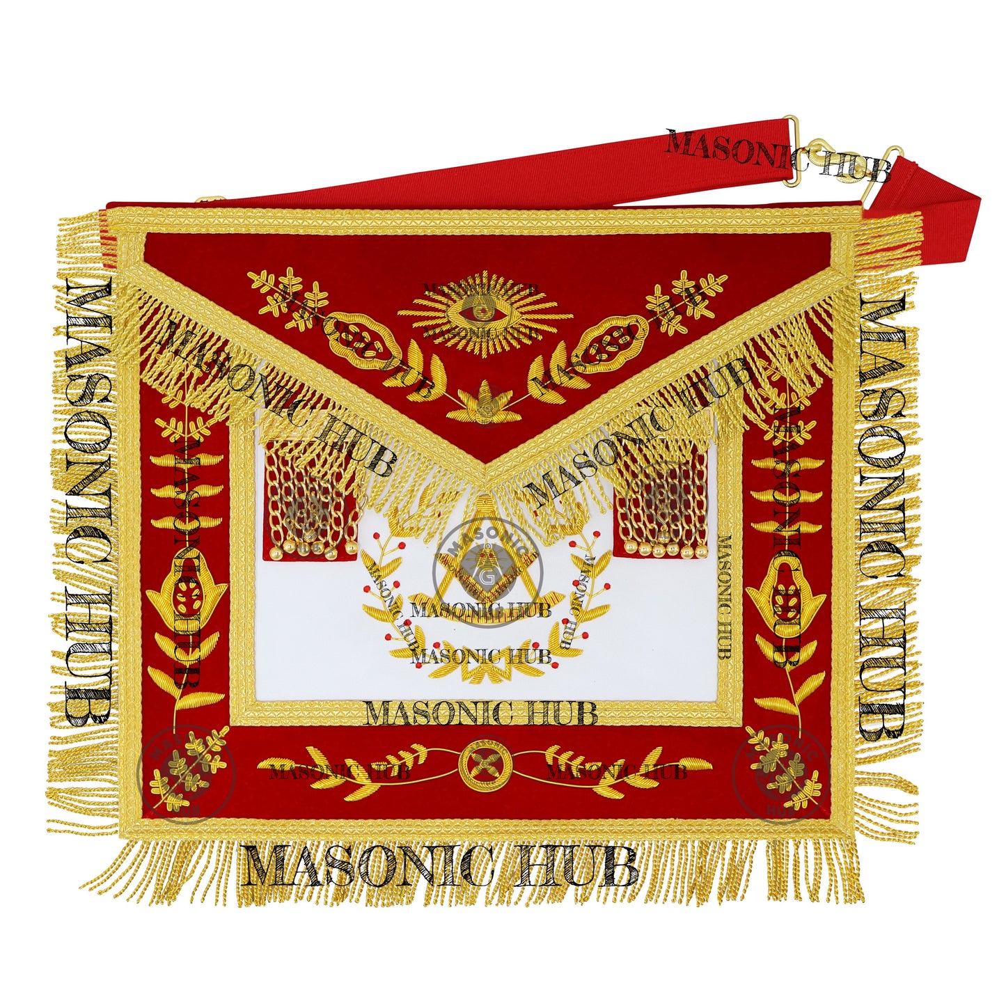 Past Master Scottish Rite Apron – Red Velvet with Gold Bullion Embroidery, Gold Tassel with Red Velvet Drops Skull Lining
