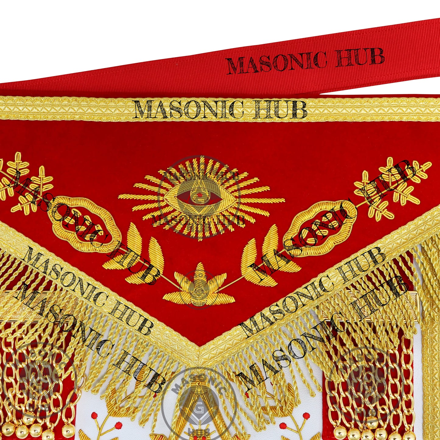Past Master Scottish Rite Apron – Red Velvet with Gold Bullion Embroidery, Gold Tassel with Red Velvet Drops Skull Lining