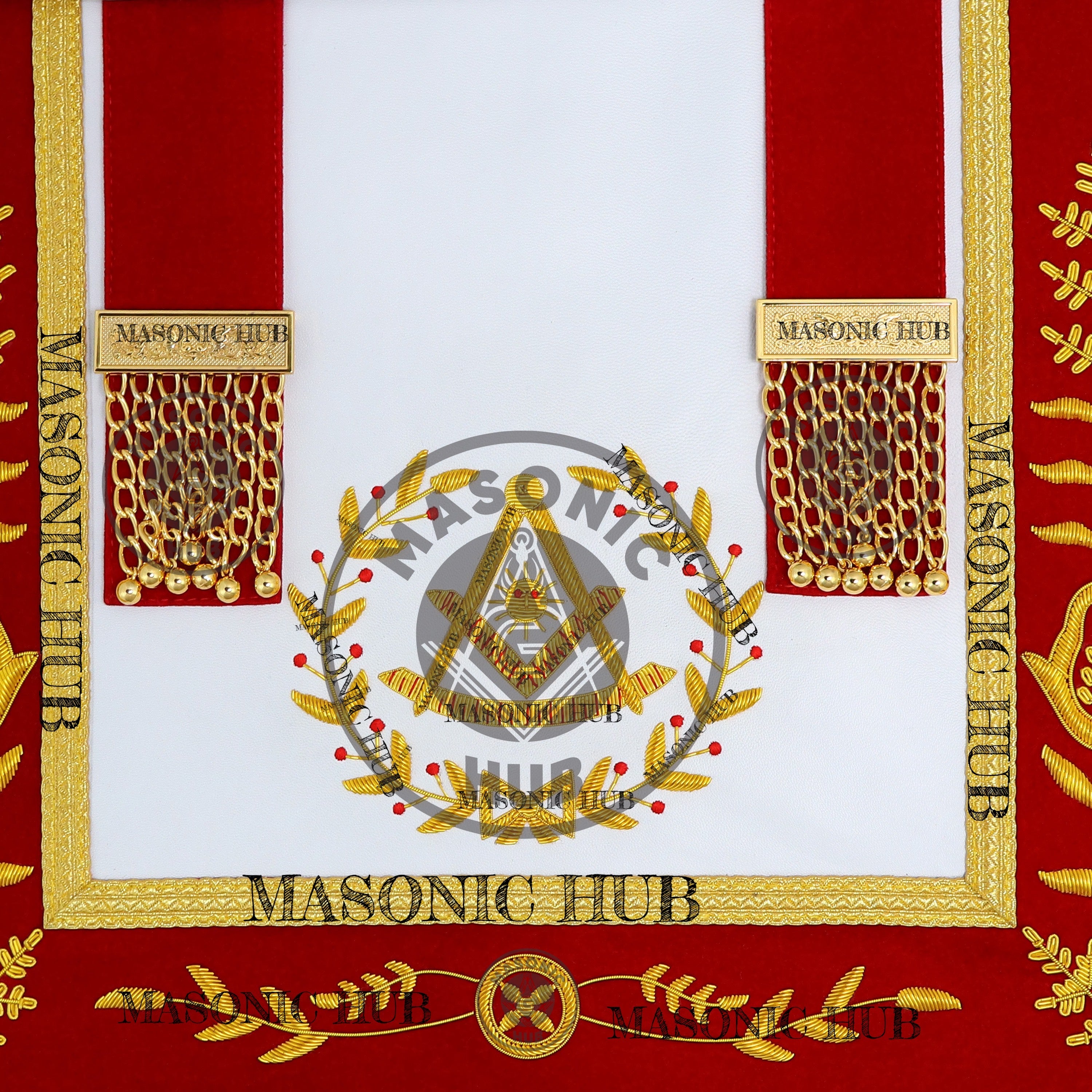 Past Master Scottish Rite Apron – Red Velvet with Gold Bullion Embroidery, Gold Tassel with Red Velvet Drops Skull Lining Masonic Hub