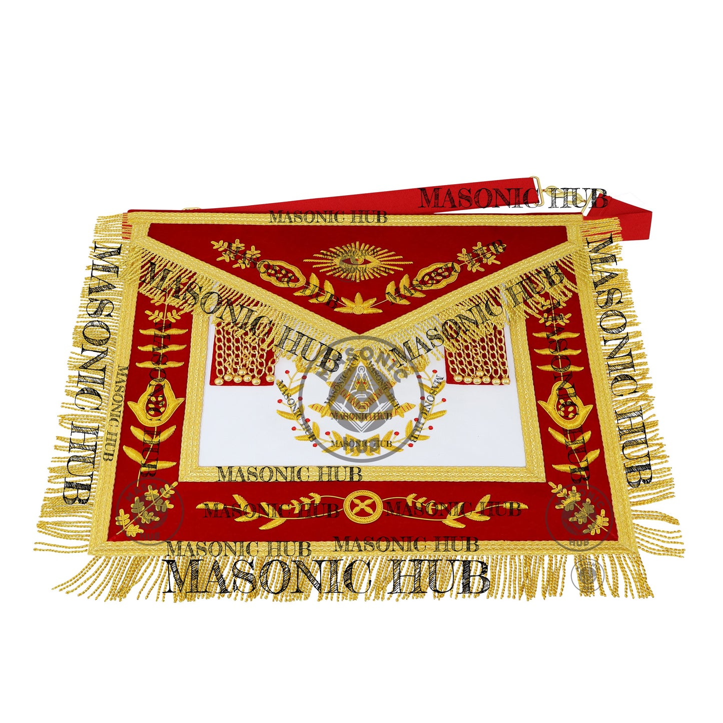 Past Master Scottish Rite Apron – Red Velvet with Gold Bullion Embroidery, Gold Tassel with Red Velvet Drops Skull Lining
