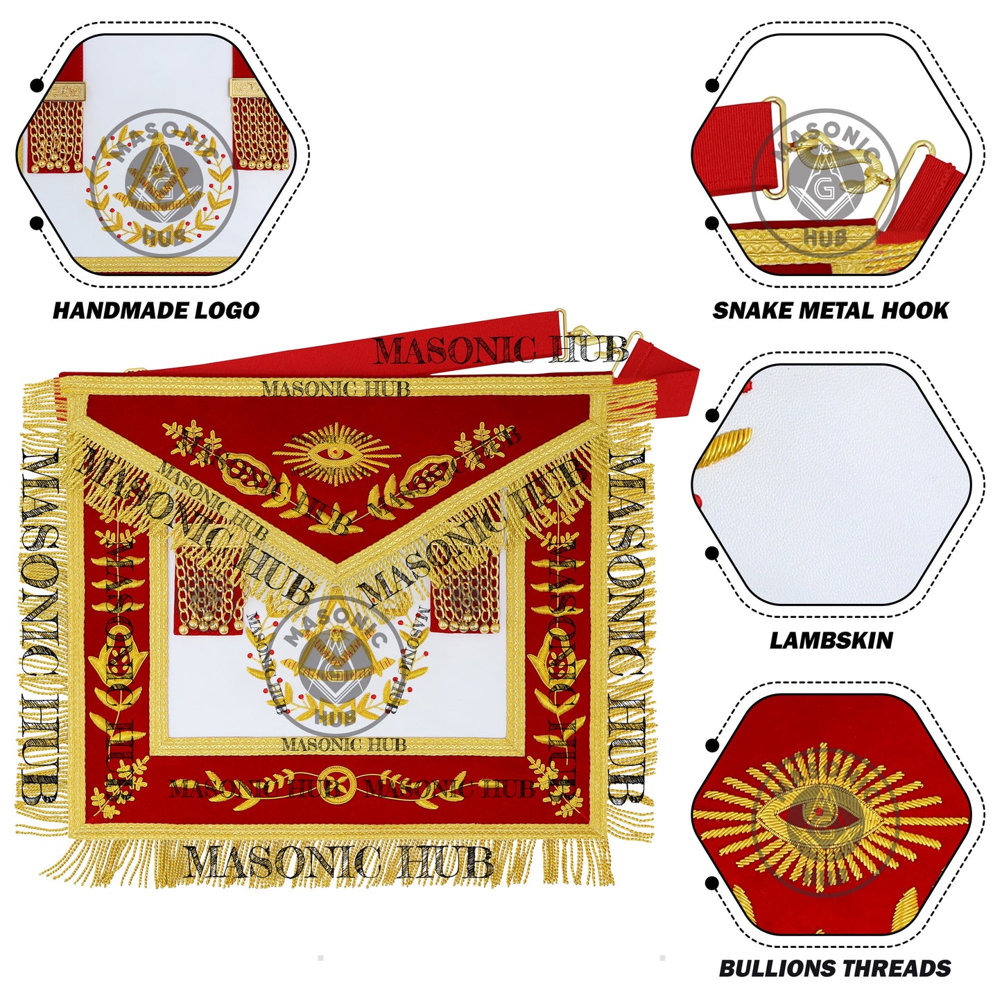 Past Master Scottish Rite Apron – Red Velvet with Gold Bullion Embroidery, Gold Tassel with Red Velvet Drops Skull Lining