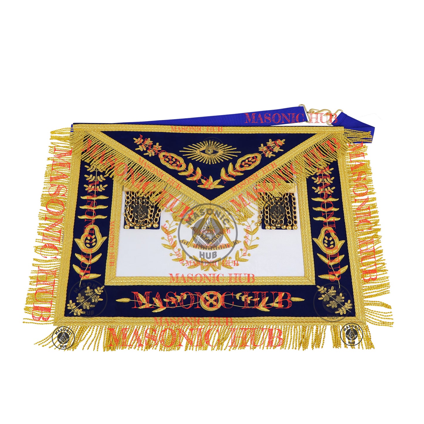 Past Master Masonic Apron – Lambskin with Gold Bullion Embroidery – Royal Blue Velvet & Mylar Fringe – Handmade Freemason Regalia