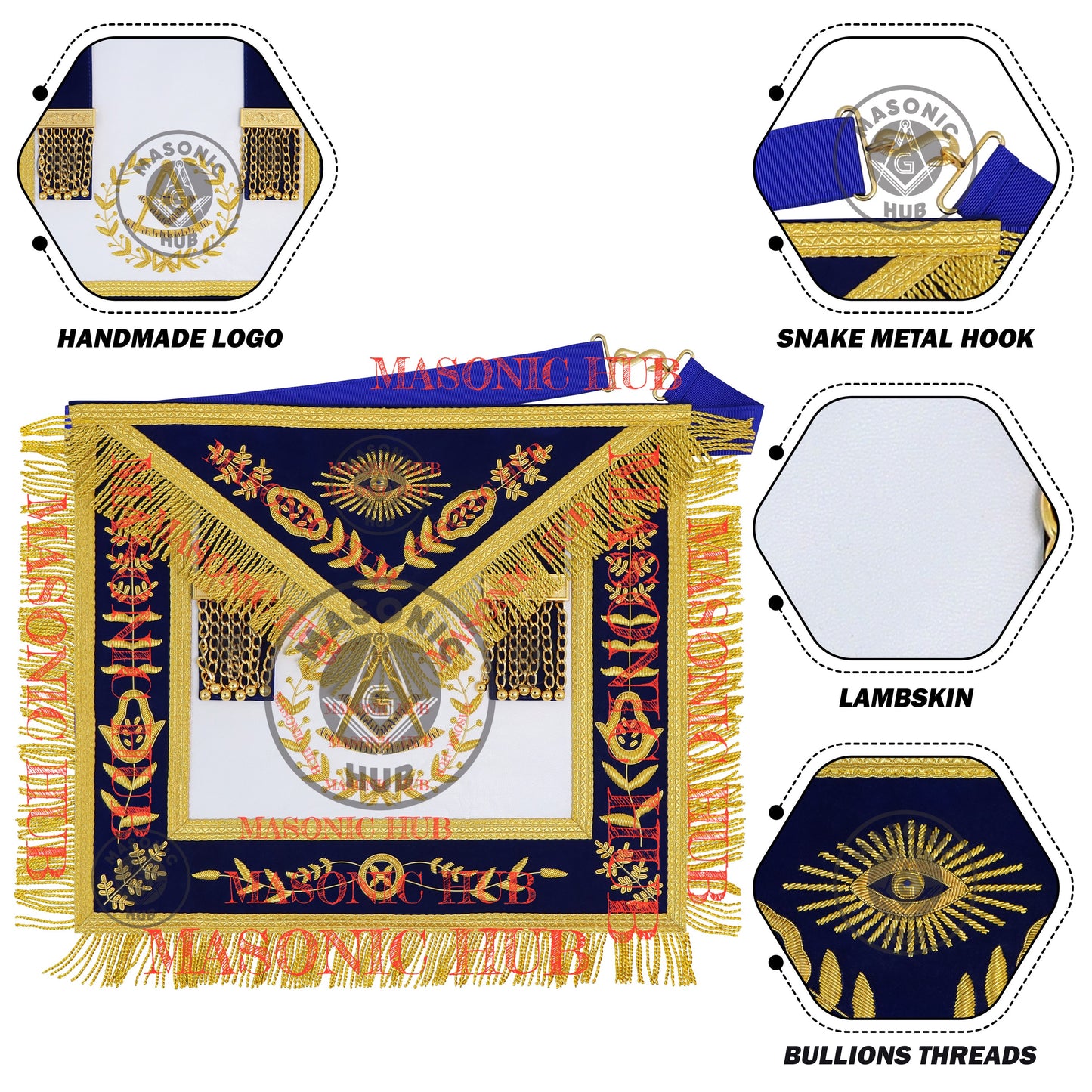 Past Master Masonic Apron – Lambskin with Gold Bullion Embroidery – Royal Blue Velvet & Mylar Fringe – Handmade Freemason Regalia