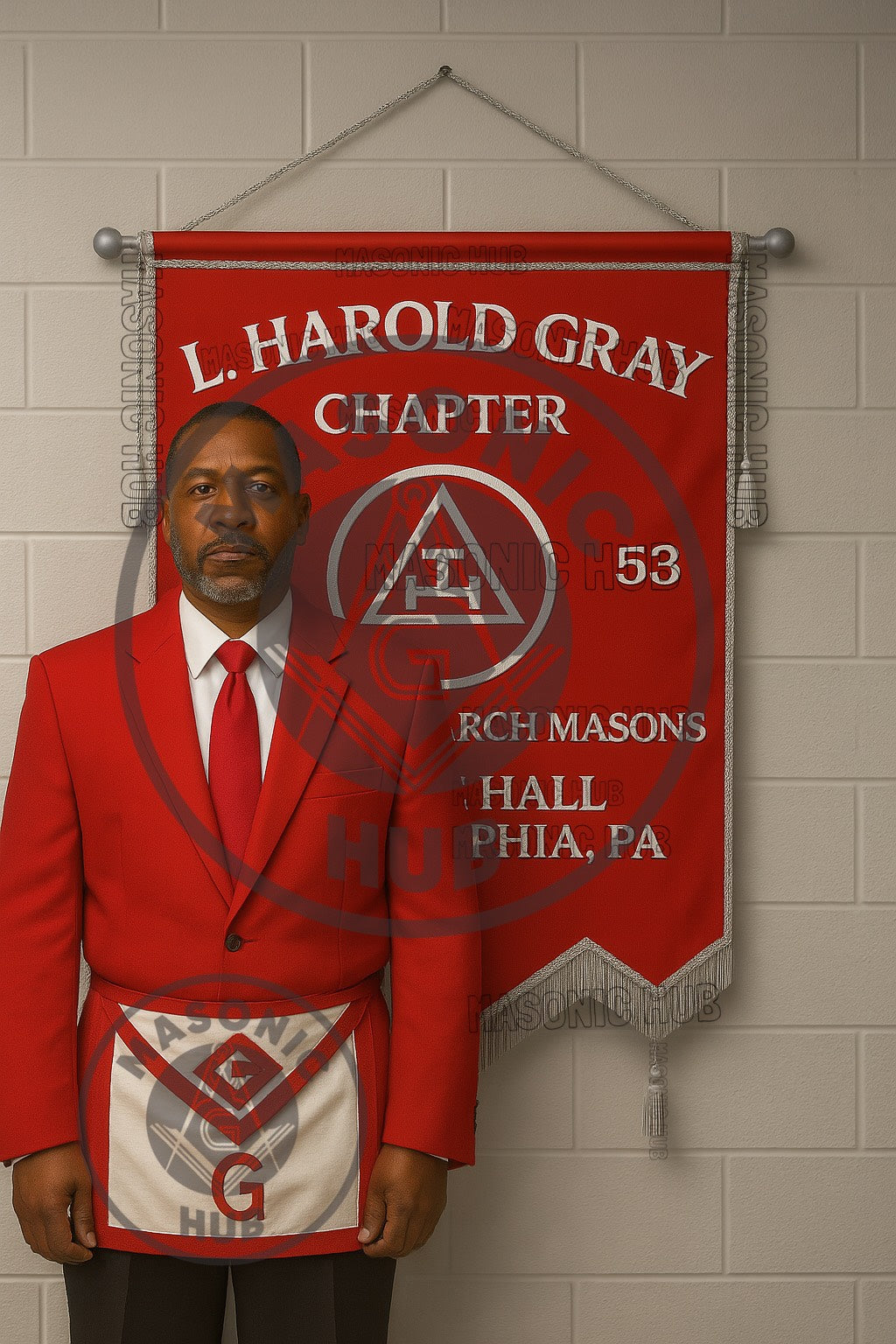 Custom Masonic Royal Arch Chapter Banner with Hand Made Emblem – Red Fabric, Silver Fringe & Hanging Tassels – Prince Hall Chapter Design