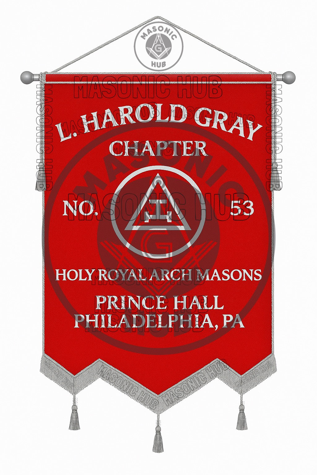 Custom Masonic Royal Arch Chapter Banner with Hand Made Emblem – Red Fabric, Silver Fringe & Hanging Tassels – Prince Hall Chapter Design