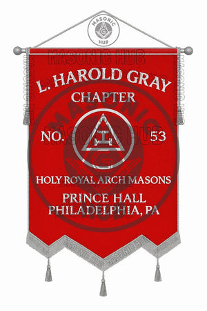 Custom Masonic Royal Arch Chapter Banner with Hand Made Emblem – Red Fabric, Silver Fringe & Hanging Tassels – Prince Hall Chapter Design Masonic Hub