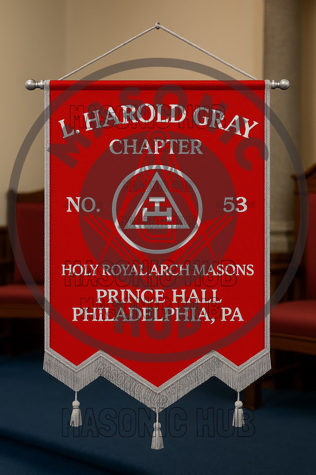 Custom Masonic Royal Arch Chapter Banner with Hand Made Emblem – Red Fabric, Silver Fringe & Hanging Tassels – Prince Hall Chapter Design