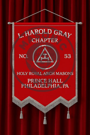 Custom Masonic Royal Arch Chapter Banner with Hand Made Emblem – Red Fabric, Silver Fringe & Hanging Tassels – Prince Hall Chapter Design Masonic Hub