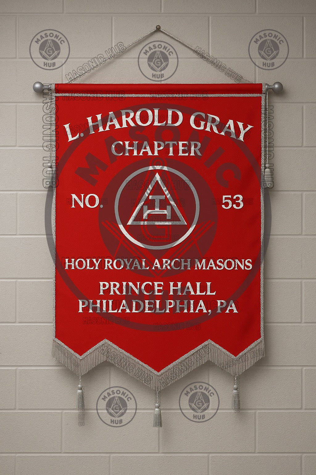 Custom Masonic Royal Arch Chapter Banner with Hand Made Emblem – Red Fabric, Silver Fringe & Hanging Tassels – Prince Hall Chapter Design