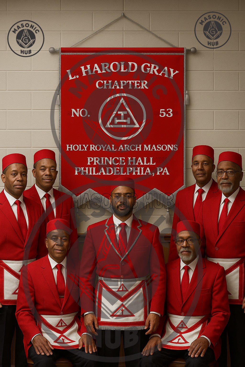 Custom Masonic Royal Arch Chapter Banner with Hand Made Emblem – Red Fabric, Silver Fringe & Hanging Tassels – Prince Hall Chapter Design