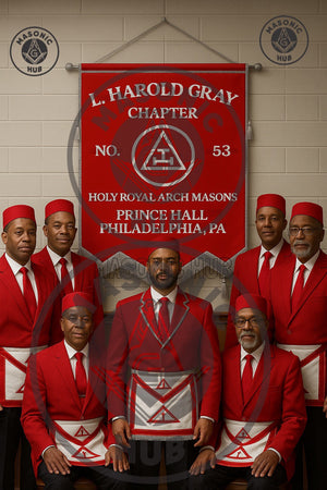 Custom Masonic Royal Arch Chapter Banner with Hand Made Emblem – Red Fabric, Silver Fringe & Hanging Tassels – Prince Hall Chapter Design Masonic Hub