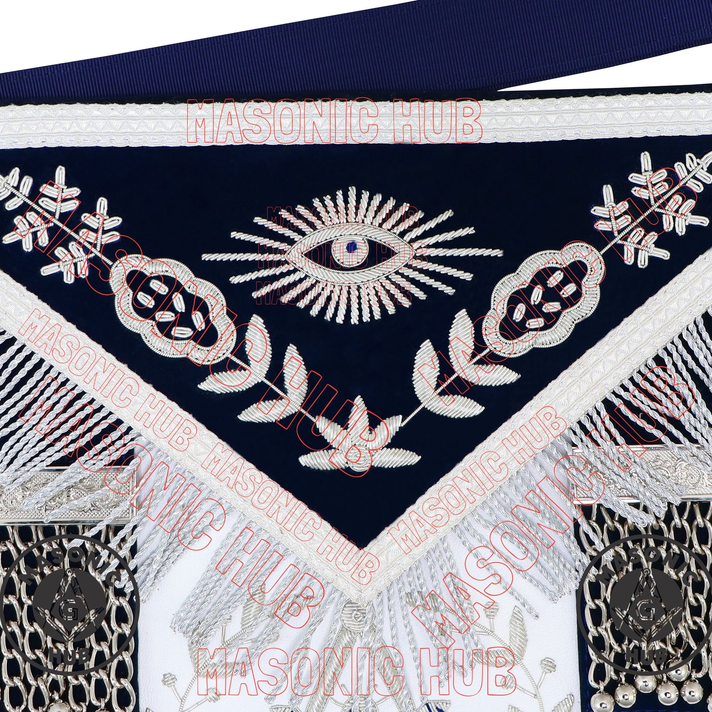 Past Master Masonic Apron – Lambskin with Silver Bullion Embroidery – Navy Blue Velvet & Mylar Fringe – Handmade Freemason Regalia