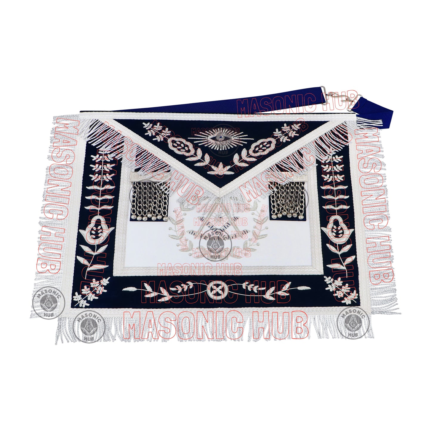 Past Master Masonic Apron – Lambskin with Silver Bullion Embroidery – Navy Blue Velvet & Mylar Fringe – Handmade Freemason Regalia
