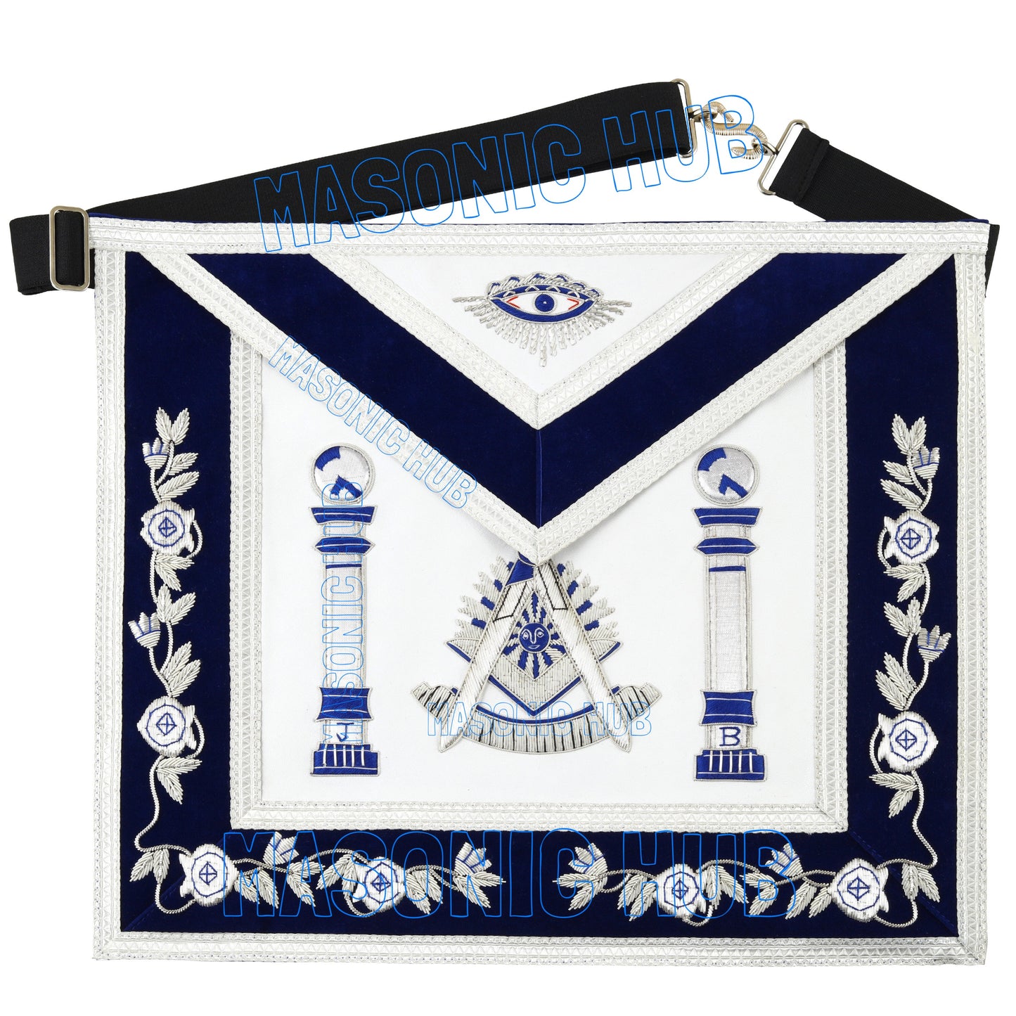 Masonic Past Master Mason Sheep Leather Apron – Handmade Bullion Embroidered | 100% Lambskin with Royal Blue Velvet
