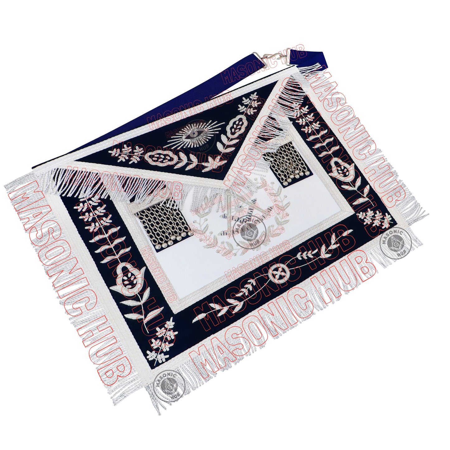 Past Master Masonic Apron – Lambskin with Silver Bullion Embroidery – Navy Blue Velvet & Mylar Fringe – Handmade Freemason Regalia