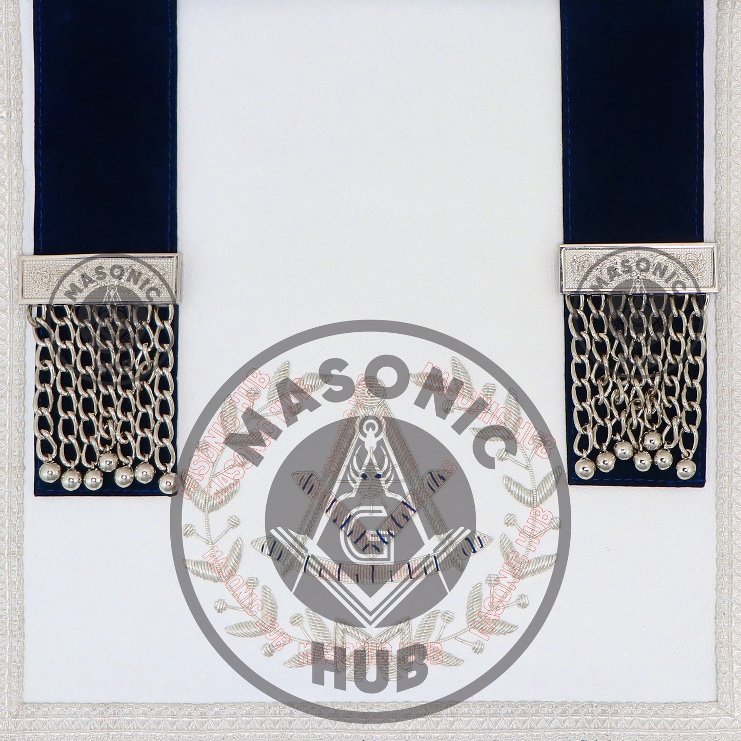 Past Master Masonic Apron – Lambskin with Silver Bullion Embroidery – Navy Blue Velvet & Mylar Fringe – Handmade Freemason Regalia