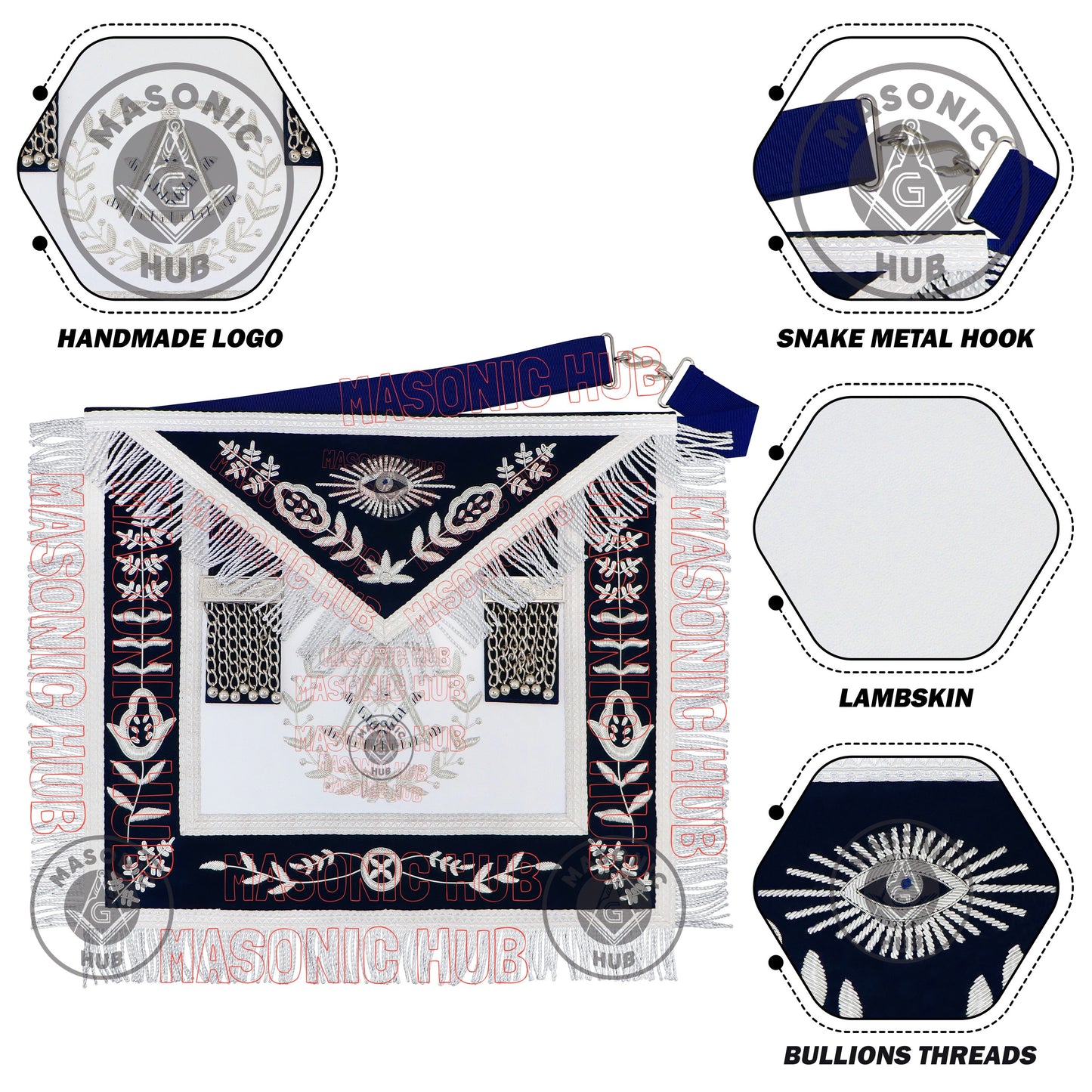 Past Master Masonic Apron – Lambskin with Silver Bullion Embroidery – Navy Blue Velvet & Mylar Fringe – Handmade Freemason Regalia