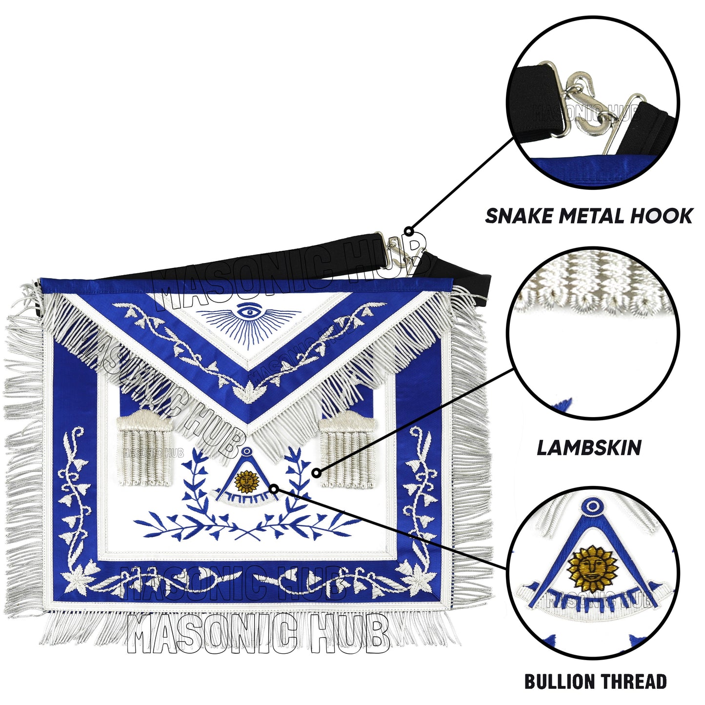 Masonic Past Master Hand-Embroidered 100% Lambskin Apron with Blue Silk & Silver Bullion Fringe