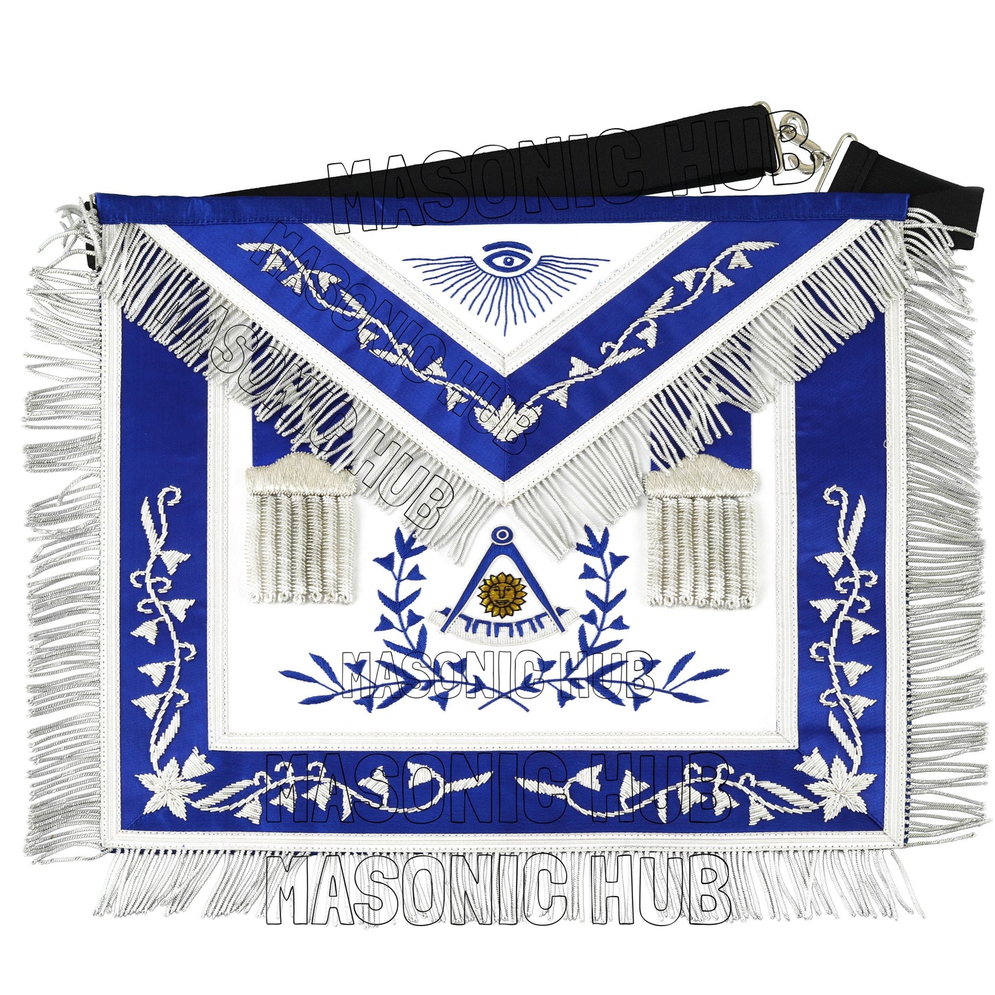 Masonic Past Master Hand-Embroidered 100% Lambskin Apron with Blue Silk & Silver Bullion Fringe