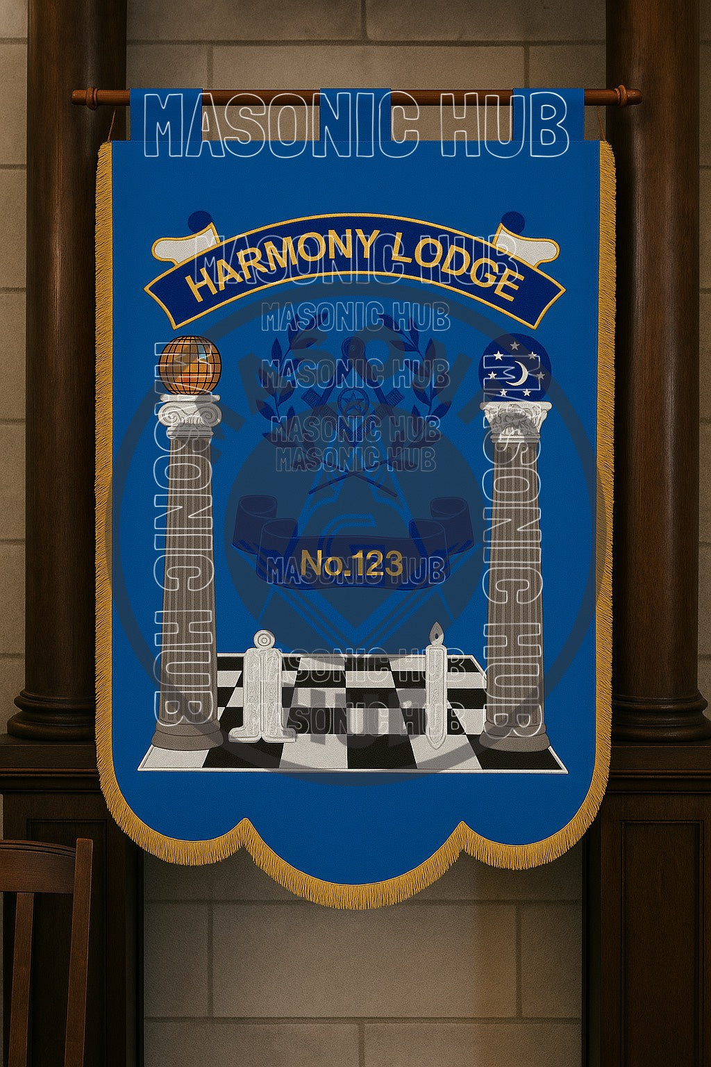 Custom Masonic Master Mason Blue Lodge Machine Embroidery Banner Gold Fringe