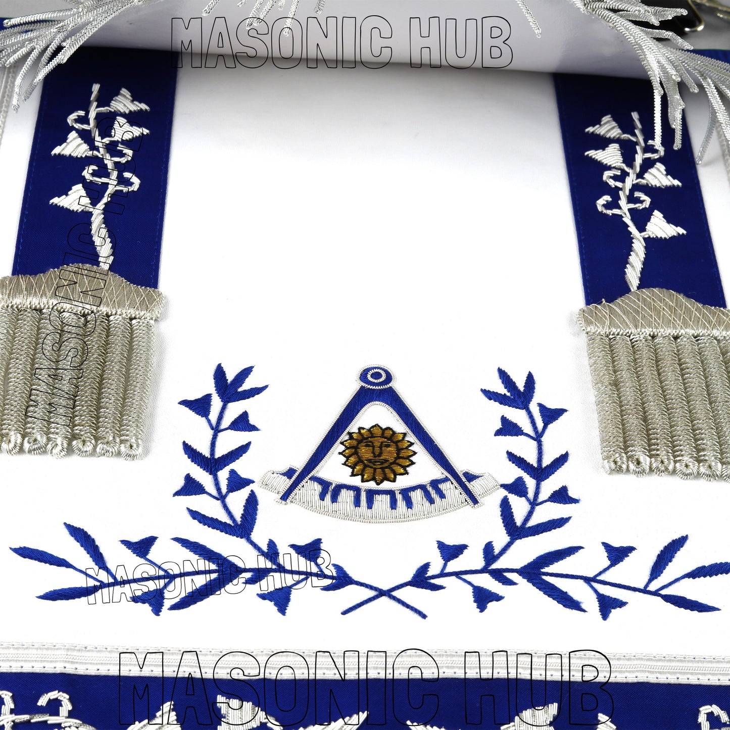 Masonic Past Master Hand-Embroidered 100% Lambskin Apron with Blue Silk & Silver Bullion Fringe