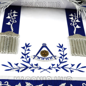 Masonic Past Master Hand-Embroidered 100% Lambskin Apron with Blue Silk & Silver Bullion Fringe Masonic Hub