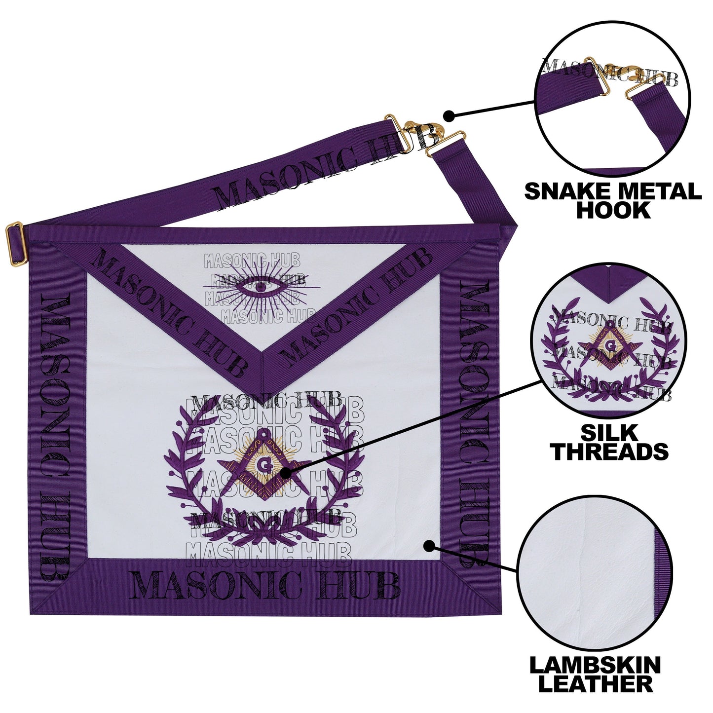 Master Mason Lambskin Apron with G Logo, Radiant Sunburst, and Laurel Wreath