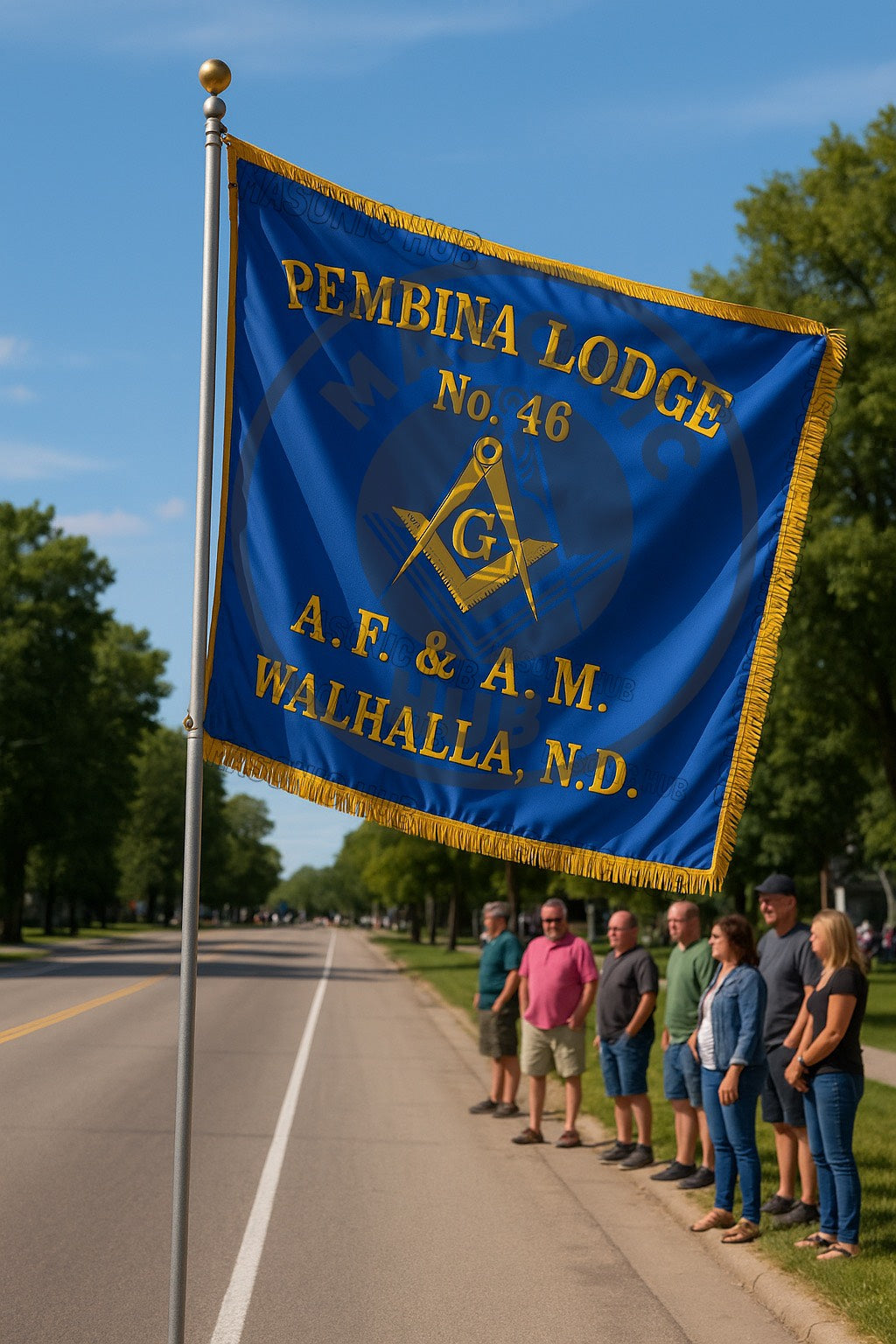 Custom Masonic Master Mason Blue Lodge Machine Embroidery Flag with Gold Fringe – Personalized Freemason Regalia Decor