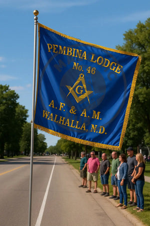Custom Masonic Master Mason Blue Lodge Machine Embroidery Flag with Gold Fringe – Personalized Freemason Regalia Decor Masonic Hub