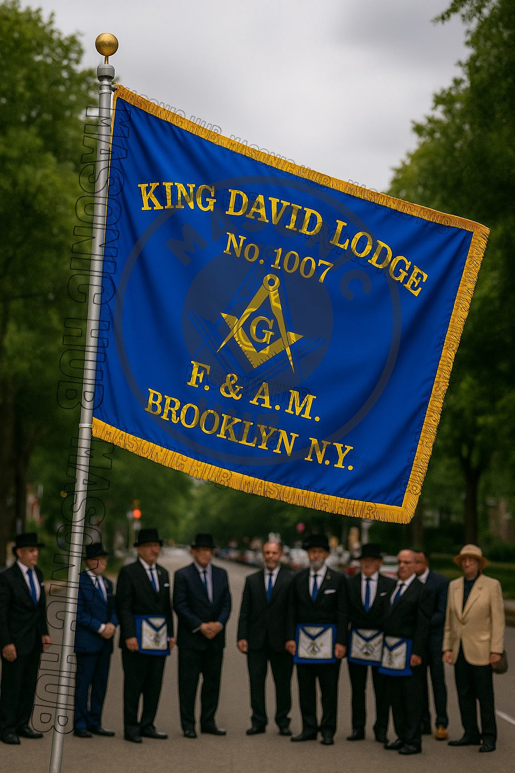 Custom Masonic Master Mason Blue Lodge Machine Embroidery Flag with Gold Fringe – Personalized Freemason Regalia Decor